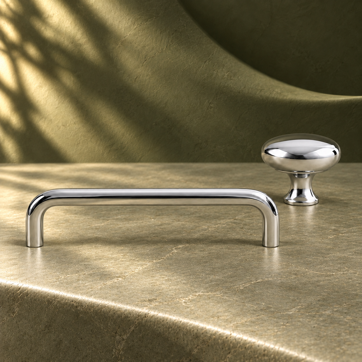 Chrome Brass U-Shaped Cabinet Pull & Knob — Solid Brass Modern Hardware on a deep olive studio background