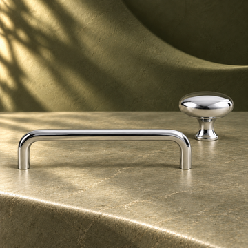 Chrome Brass U-Shaped Cabinet Pull & Knob — Solid Brass Modern Hardware on a deep olive studio background
