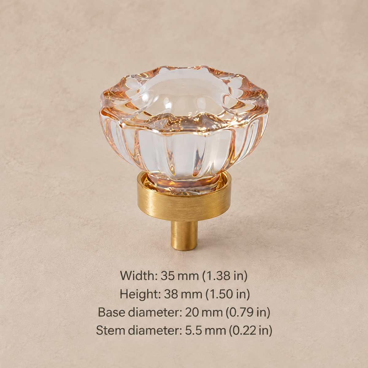 Champagne crystal cabinet knob: 35 mm (1.38 in) wide, 38 mm (1.50 in) high, 20 mm (0.79 in) base, 5.5 mm (0.22 in) stem.