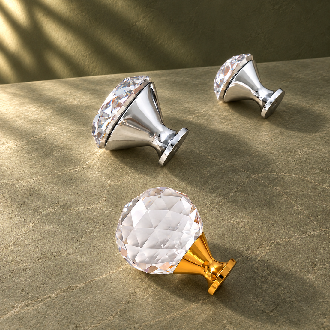 Crystal Cabinet Knob — Diamond Shape, Single-Hole on a deep olive studio background