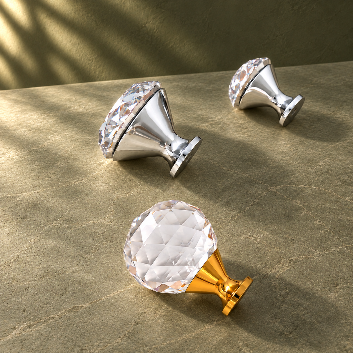 Crystal Cabinet Knob — Diamond Shape, Single-Hole on a deep olive studio background