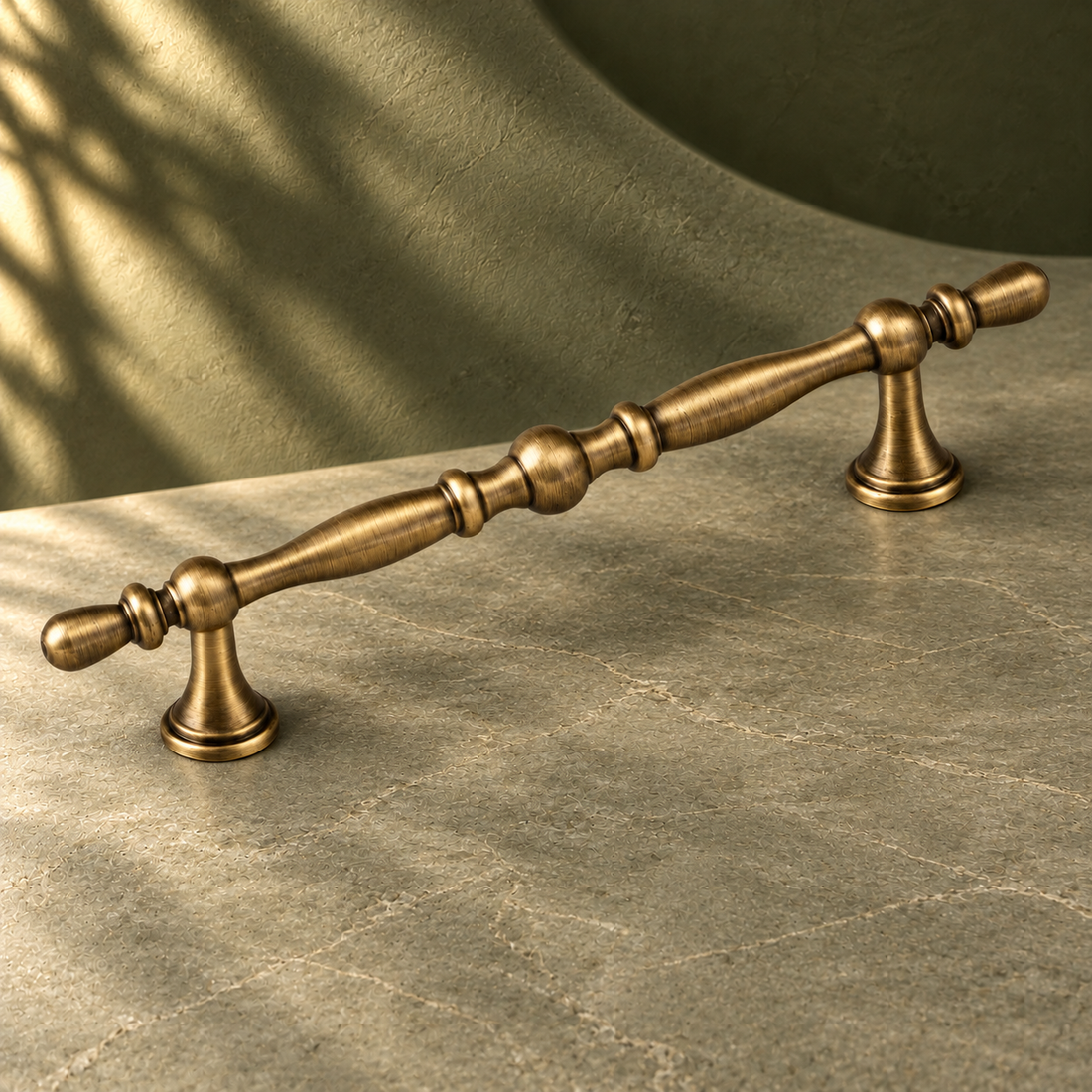 European Antique Brass Cabinet Knob & Pull — Classic Retro Hardware on a deep olive studio background