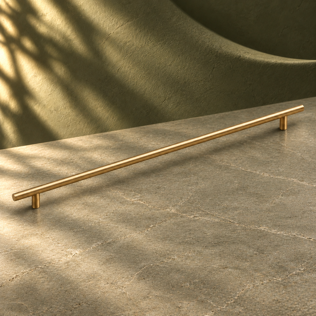 Extra-Long Brushed Brass Cabinet Pull — Modern Linear Handle on a deep olive studio background