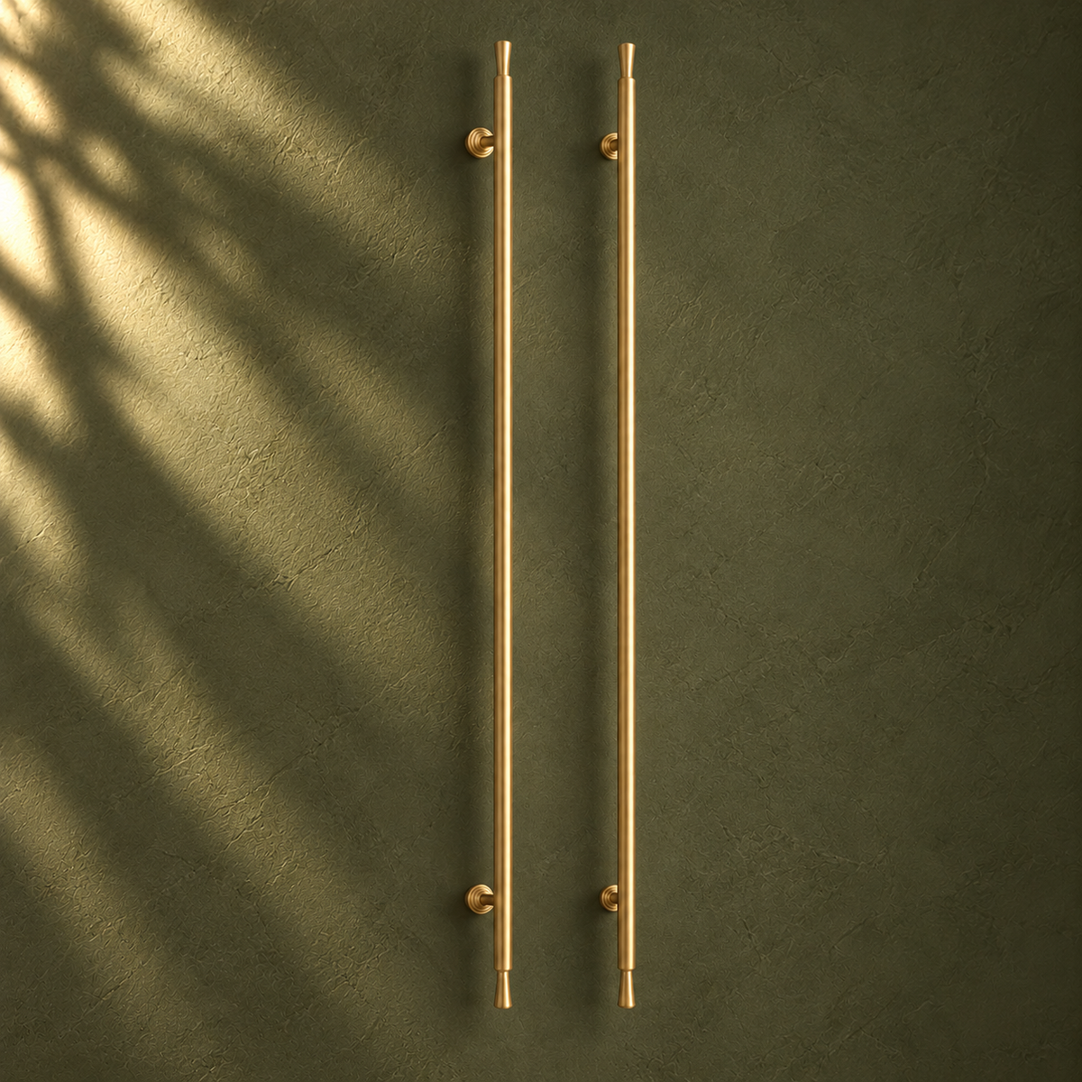 Extra-Long Solid Brass Cabinet Pull — Brushed Brass, 39" (1000mm) on a deep olive studio background