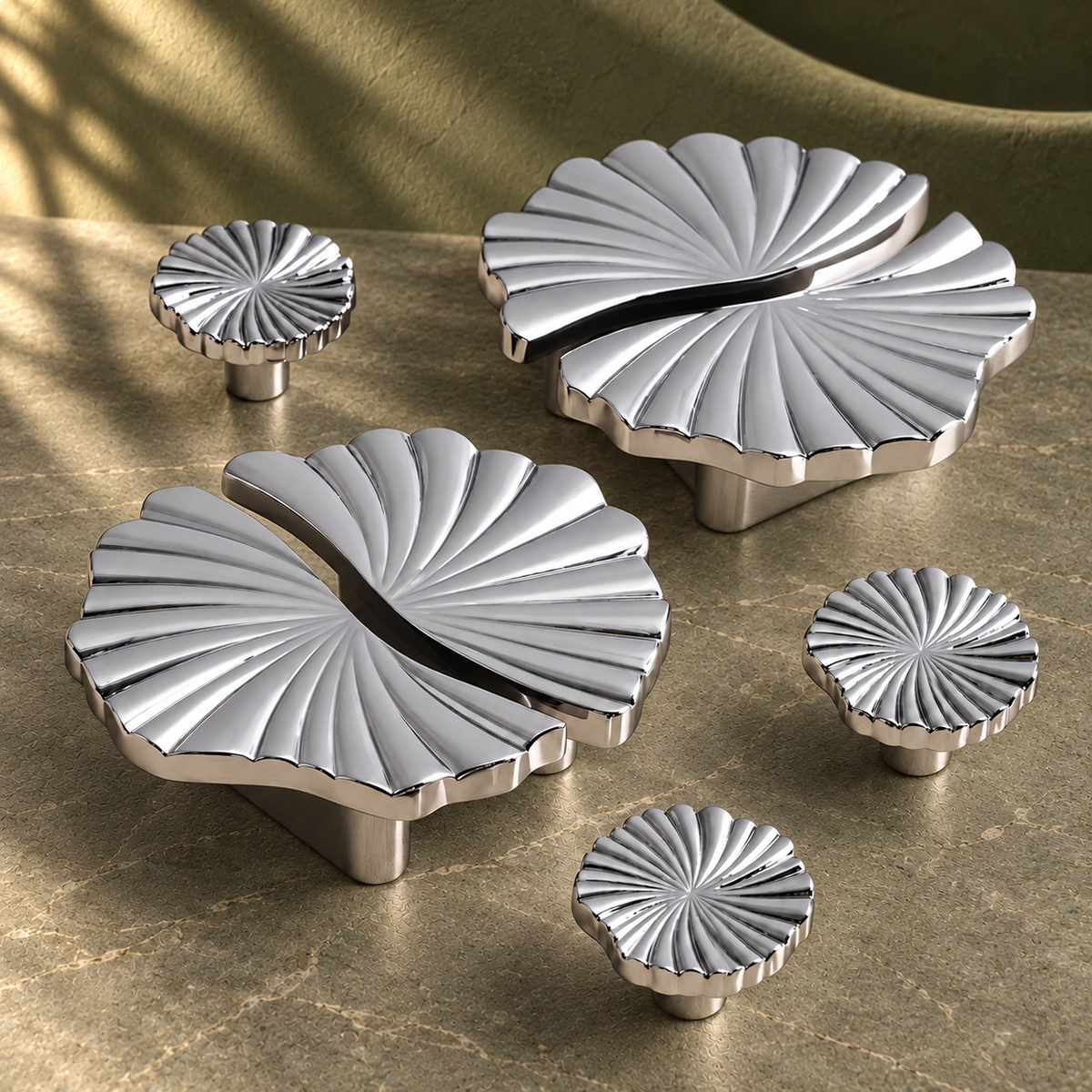 Flat Cup Chrome Cabinet Pull & Knob — Minimal Modern Hardware on a deep olive studio background