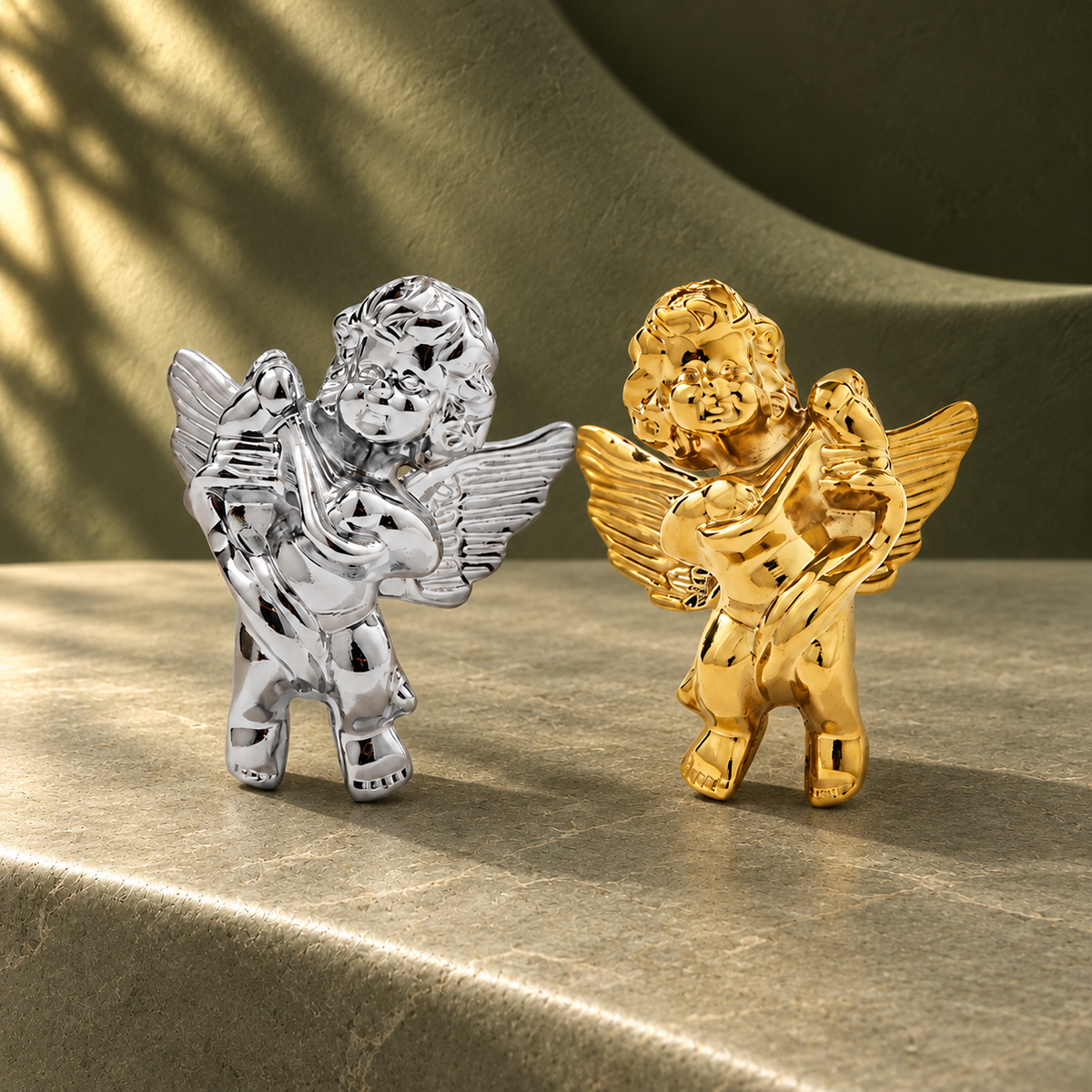 Gold & Silver Angel Cabinet Knob — Solid Brass Decorative Hardware on a deep olive studio background