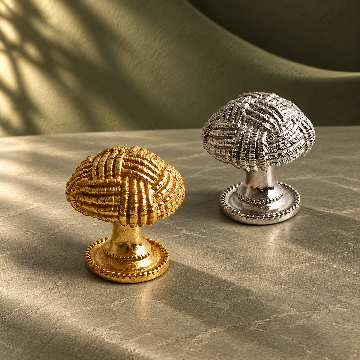Gold & Silver Wire Ball Cabinet Knob — Solid Brass Decorative Hardware on a deep olive studio background