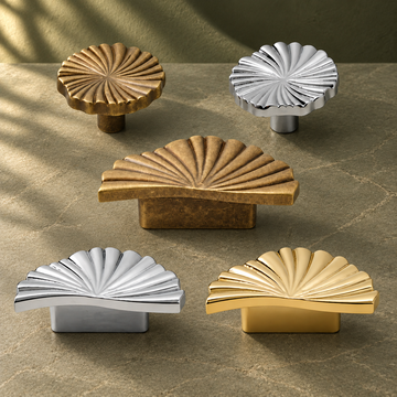 Nordic Ruffled Brass Cabinet Handle & Knob on a deep olive studio background