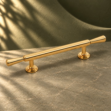 Polished Brass Cabinet Knob & Pull — Clean Modern Gold Hardware on a deep olive studio background
