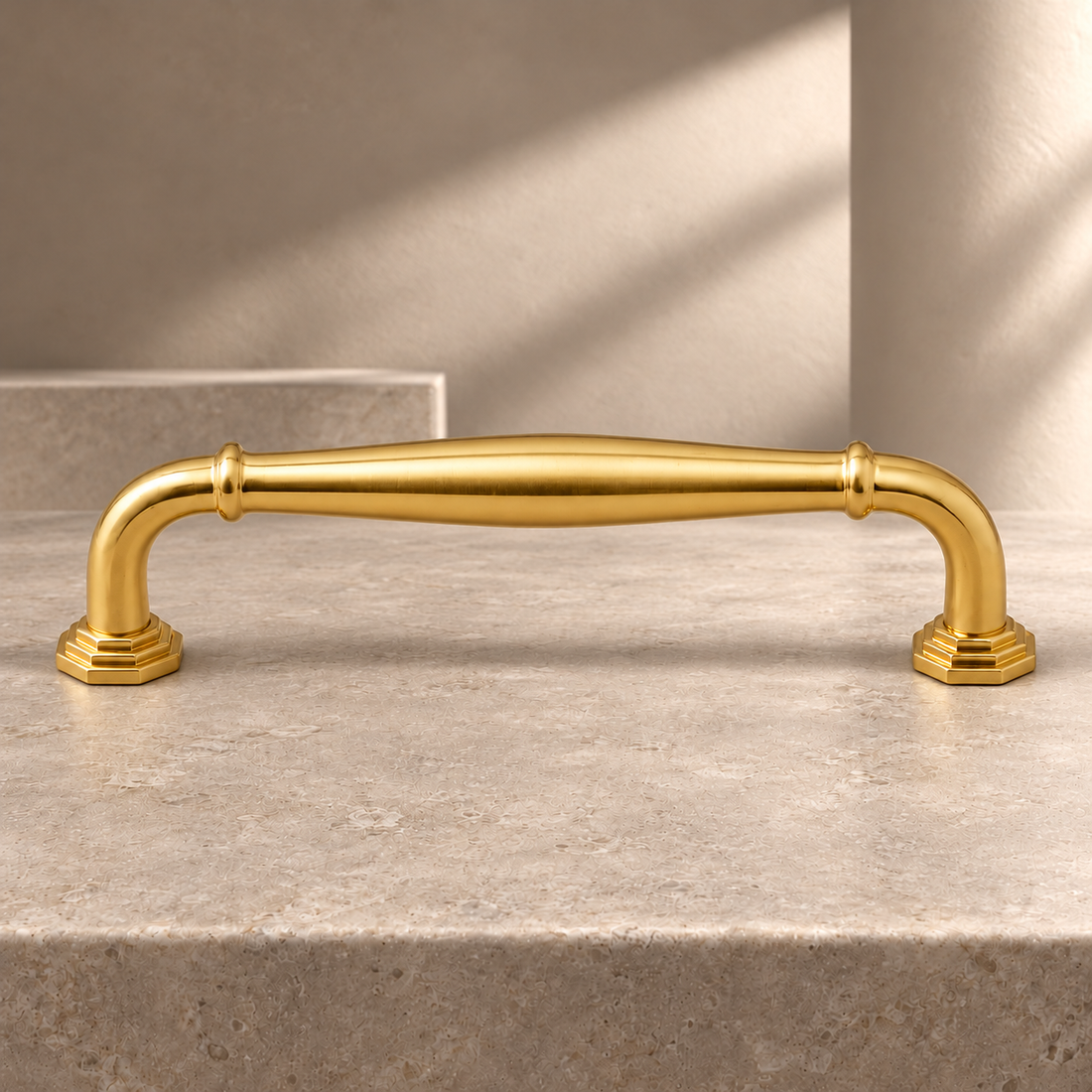 Polished Brass European-Style Cabinet Pulls & Knob — Solid Brass Hardware on a neutral stone studio background