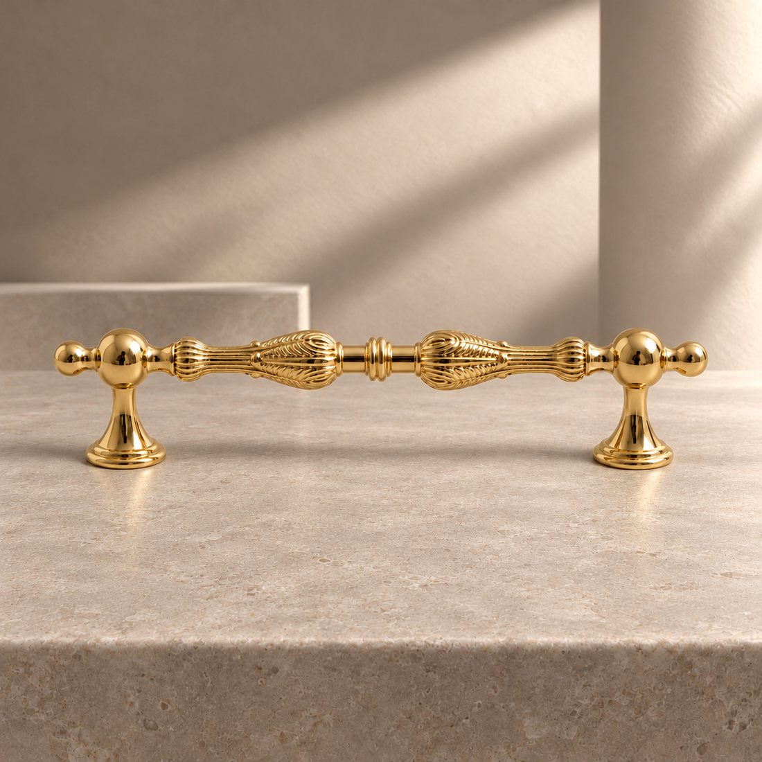 Polished Brass European Solid Brass Cabinet Pulls on a neutral stone studio background