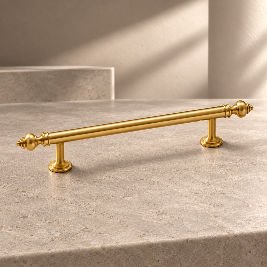 Polished Brass Solid Brass Cabinet Pulls & Knobs — Modern Design on a neutral stone studio background