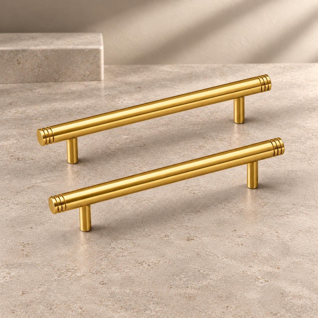 Polished Brass Straight Rod Cabinet Pull & Knob — Solid Brass on a neutral stone studio background