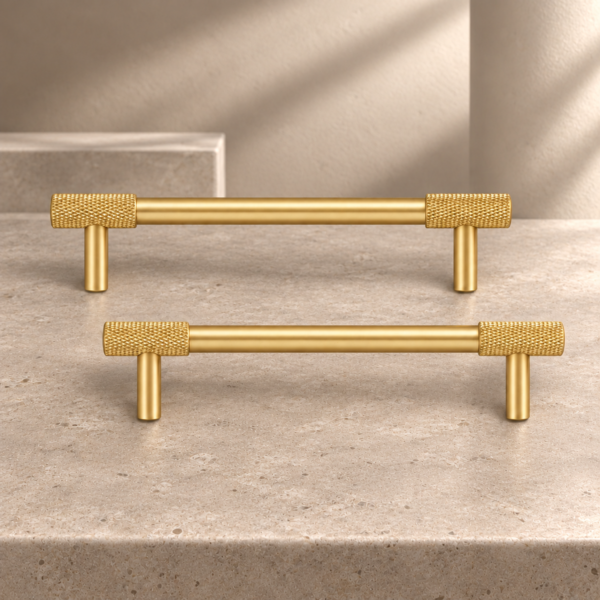 PVD Brass Diamond Cut Cross Knurled Cabinet Pull & Knob — Solid Brass on a neutral stone studio background