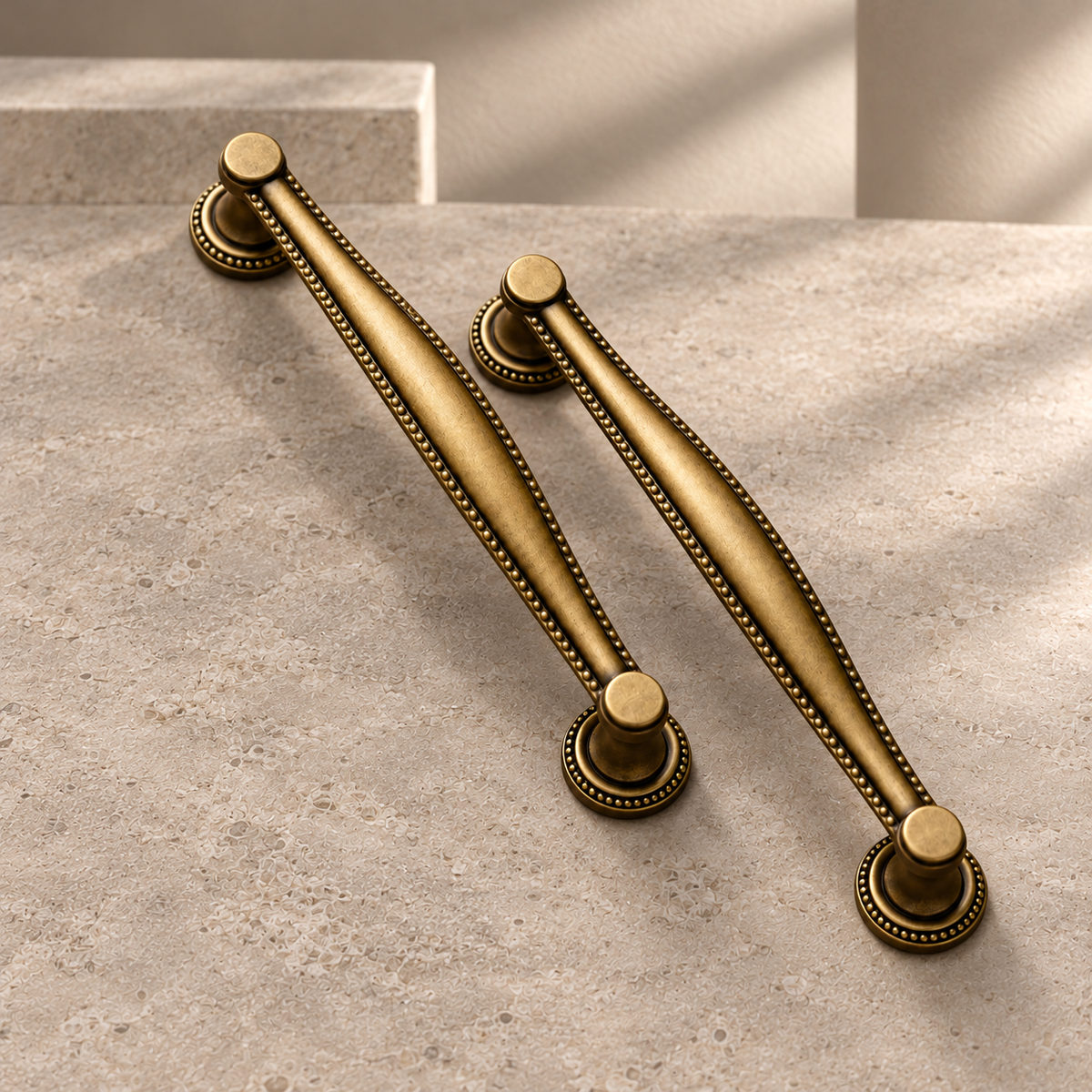 Retro Bronze Cup Handle & Shell Cabinet Knob — Solid Brass on a neutral stone studio background