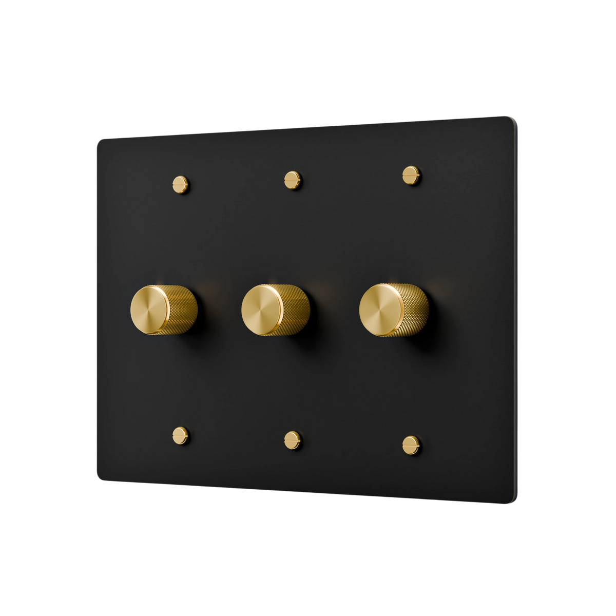 Black rectangular switch plate with gold knobs on a white background