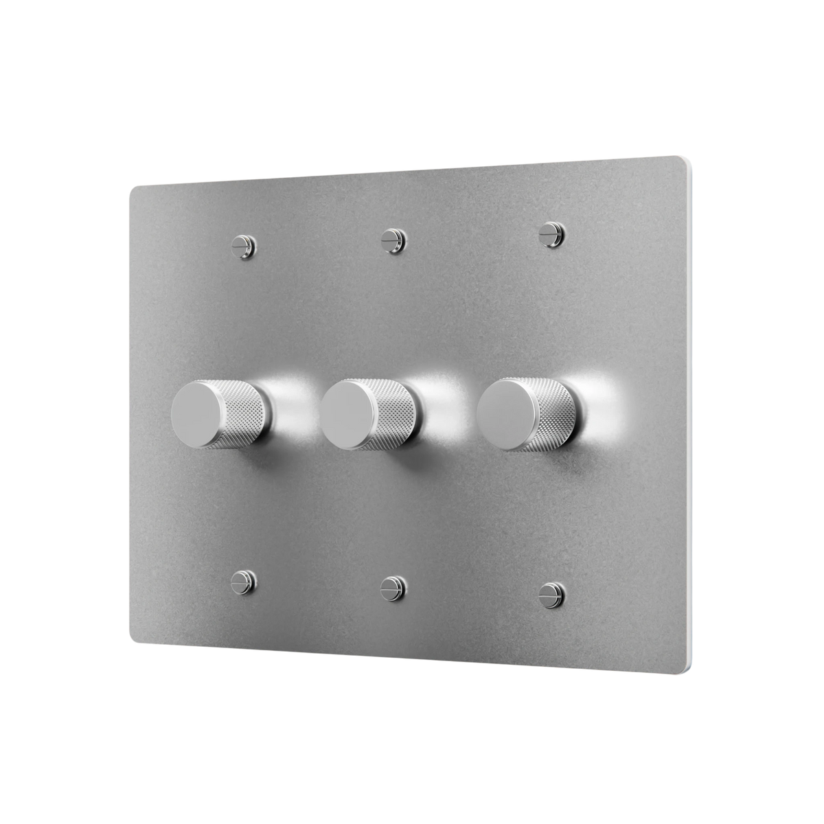 Metallic switch panel with three knobs on a white background