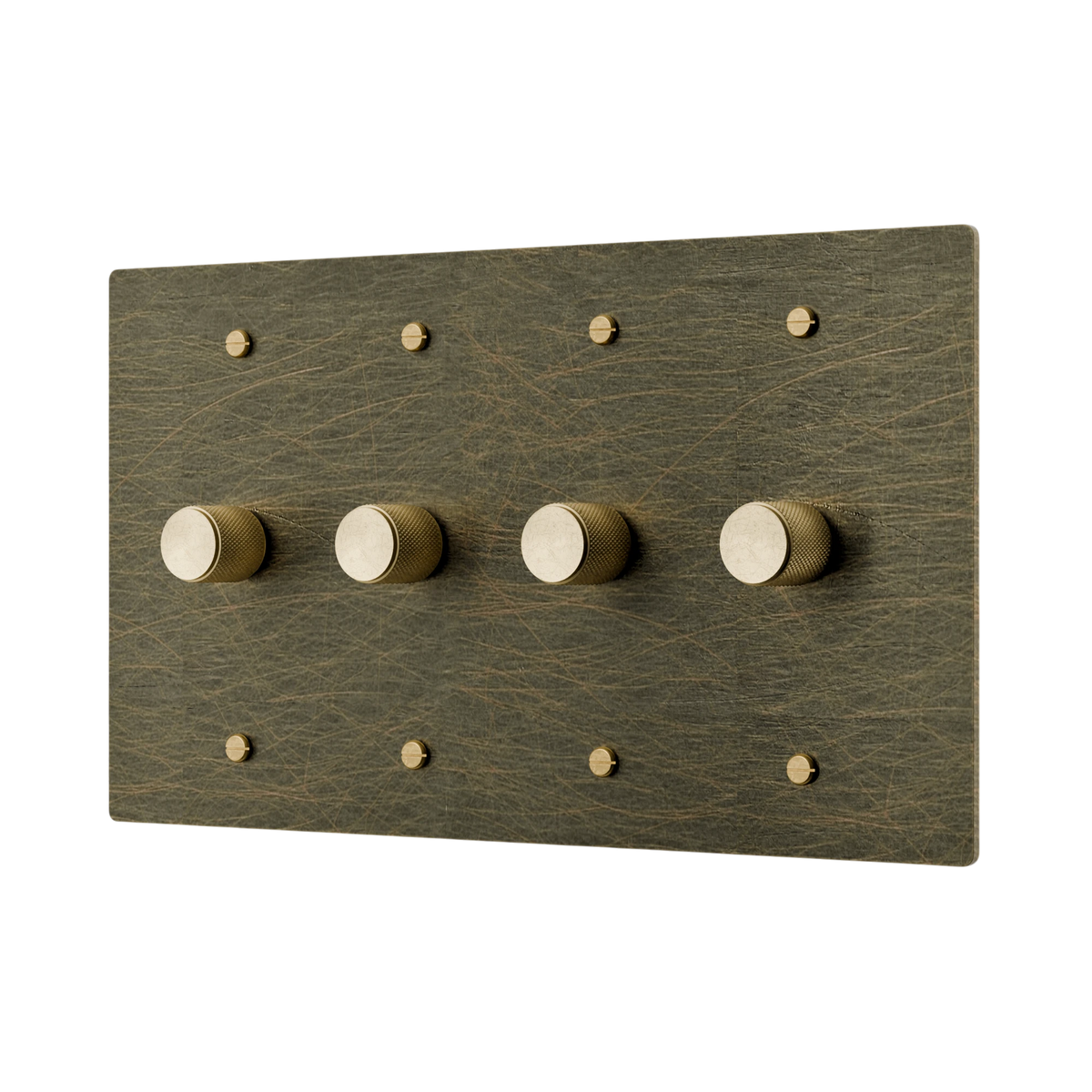 Antique bronze Brass dimmer wall plate with brass knobs on a white background