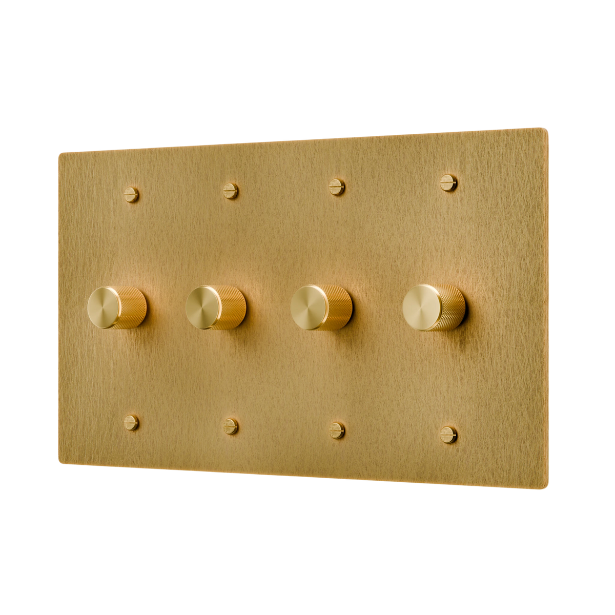 Gold rotary dimmer control panel with four knobs on a white background