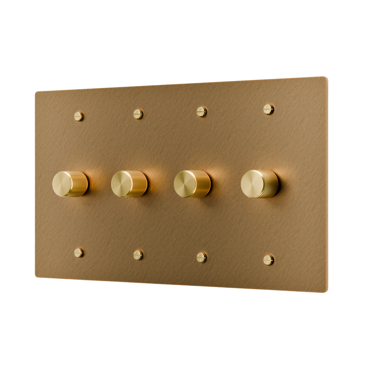 Unlacauered aged brass dimmer control panel with four knobs on a white background