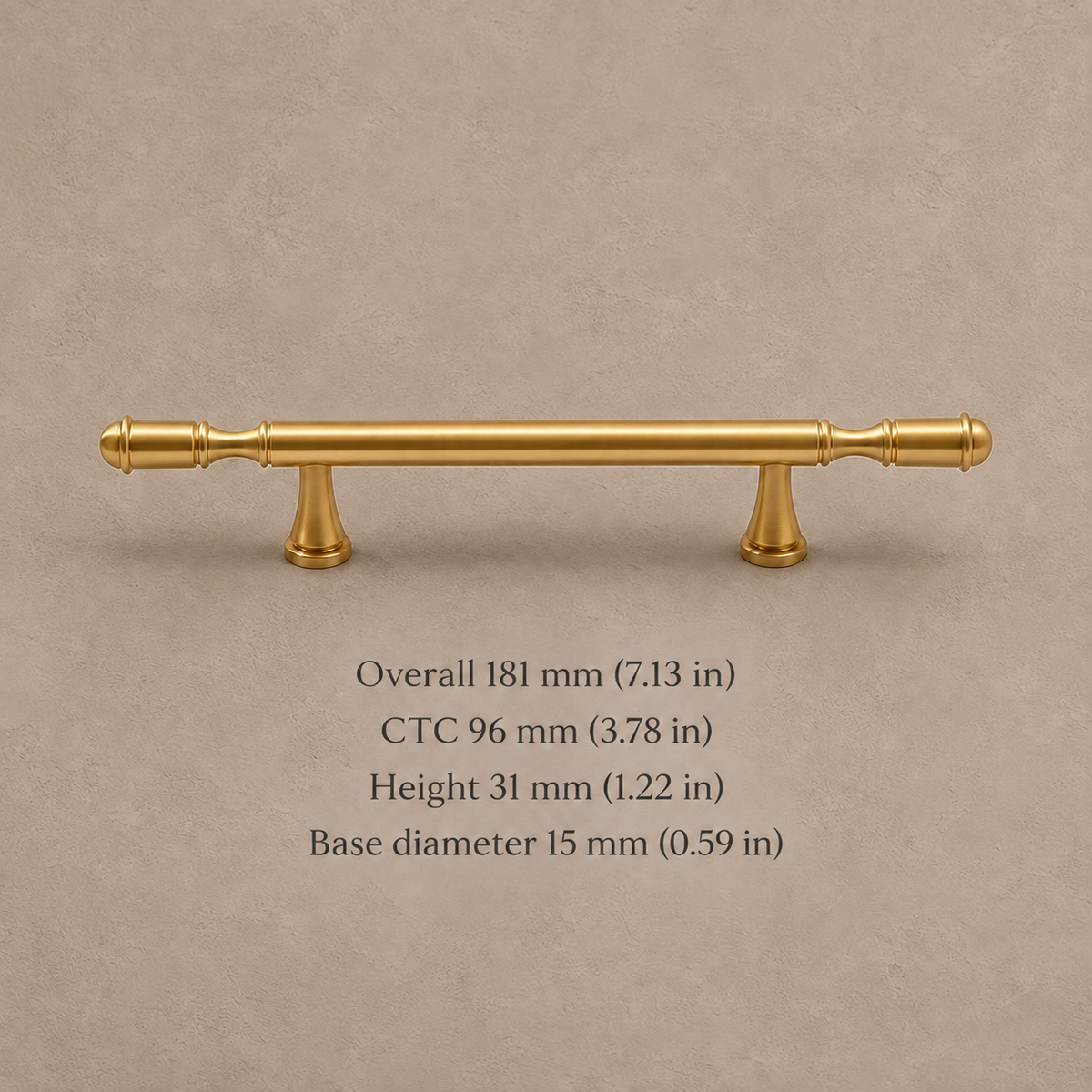 Brushed brass pull: 96 mm (3.78 in) hole spacing, length 181 mm (7.13 in), projection 31 mm (1.22 in)