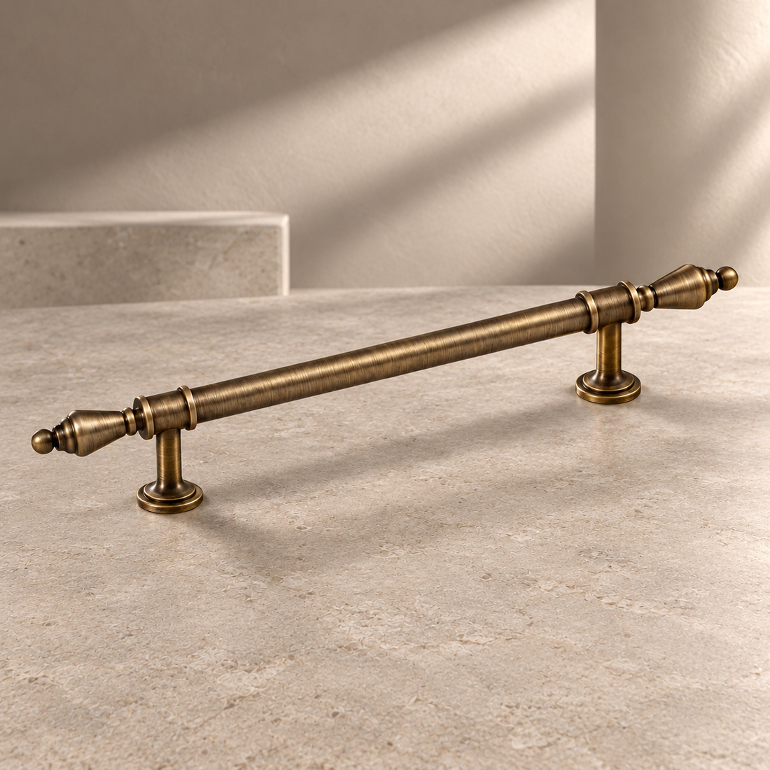 Solid Antique Brass Cabinet Pull & Knob — European Luxury Design on a neutral stone studio background