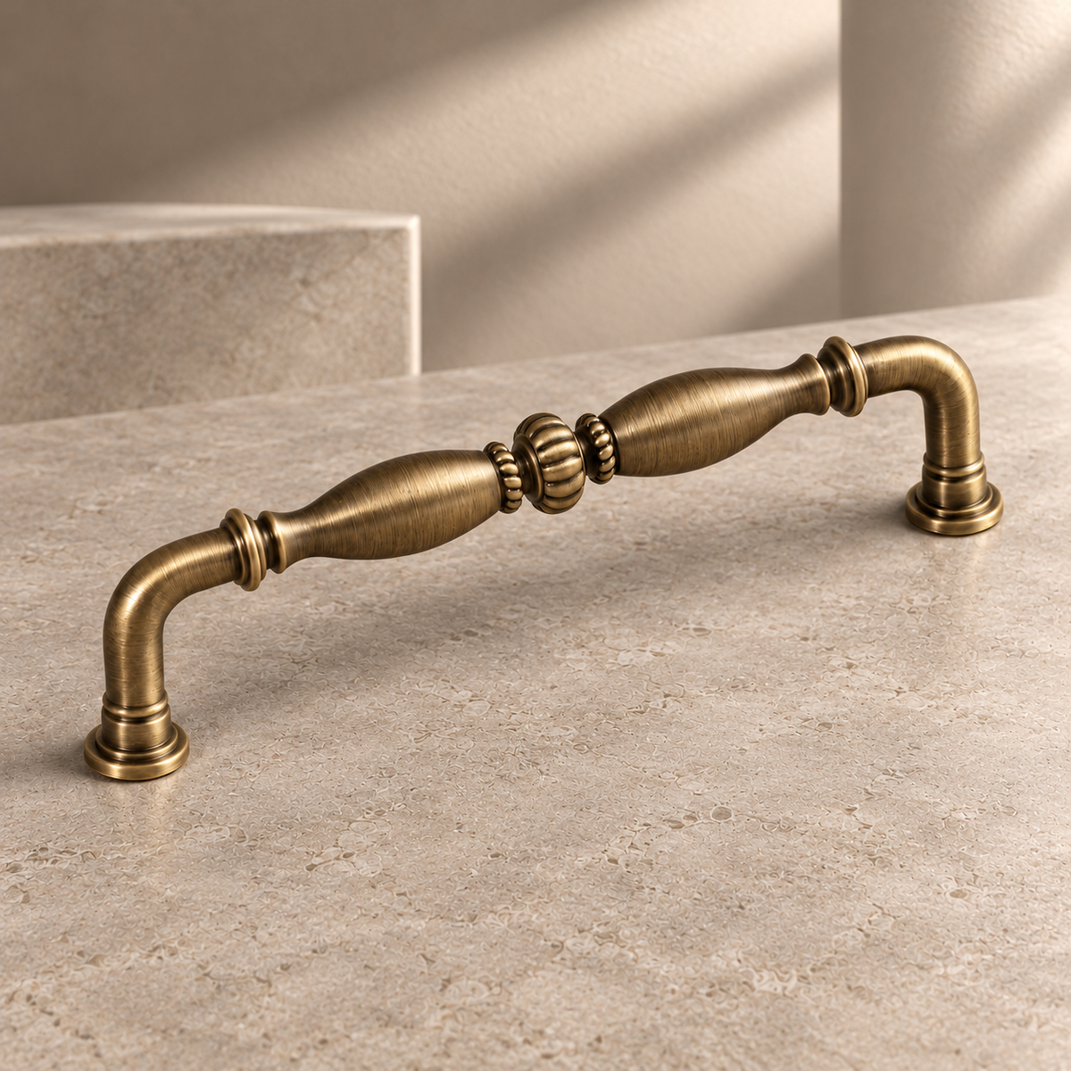 Solid Antique Brass Cabinet Pull & Knob — Luxury European Design on a neutral stone studio background