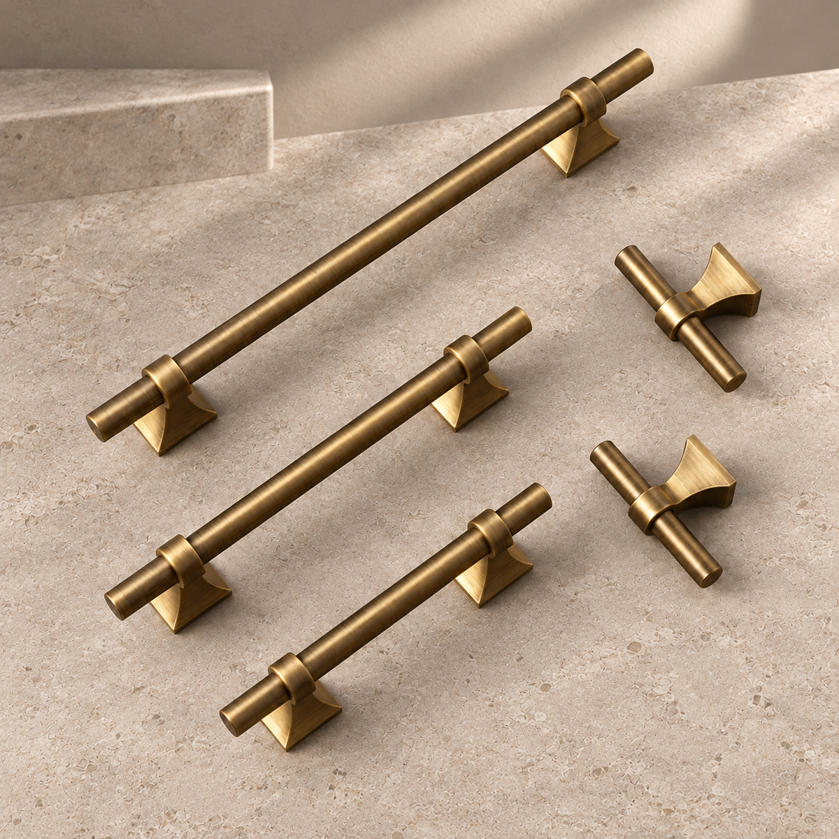 Solid Antique Brass Cabinet Pull & T Knob — Modern Design on a neutral stone studio background