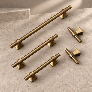 Solid Antique Brass Cabinet Pull & T Knob — Modern Design on a neutral stone studio background