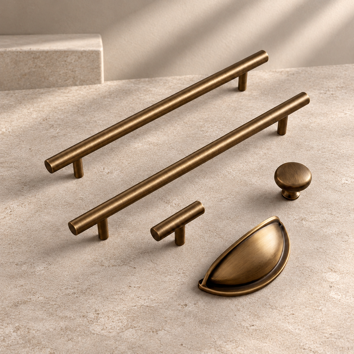 Solid Antique Brass T Bar Cabinet Pull & Knob — Minimalist Design on a neutral stone studio background