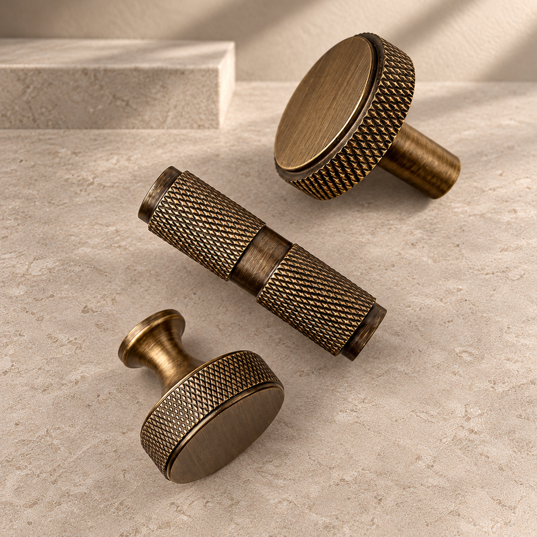 Solid Antique Brass T Bar & Knob Cabinet Pull — Diamond-Cut Knurl Design on a neutral stone studio background