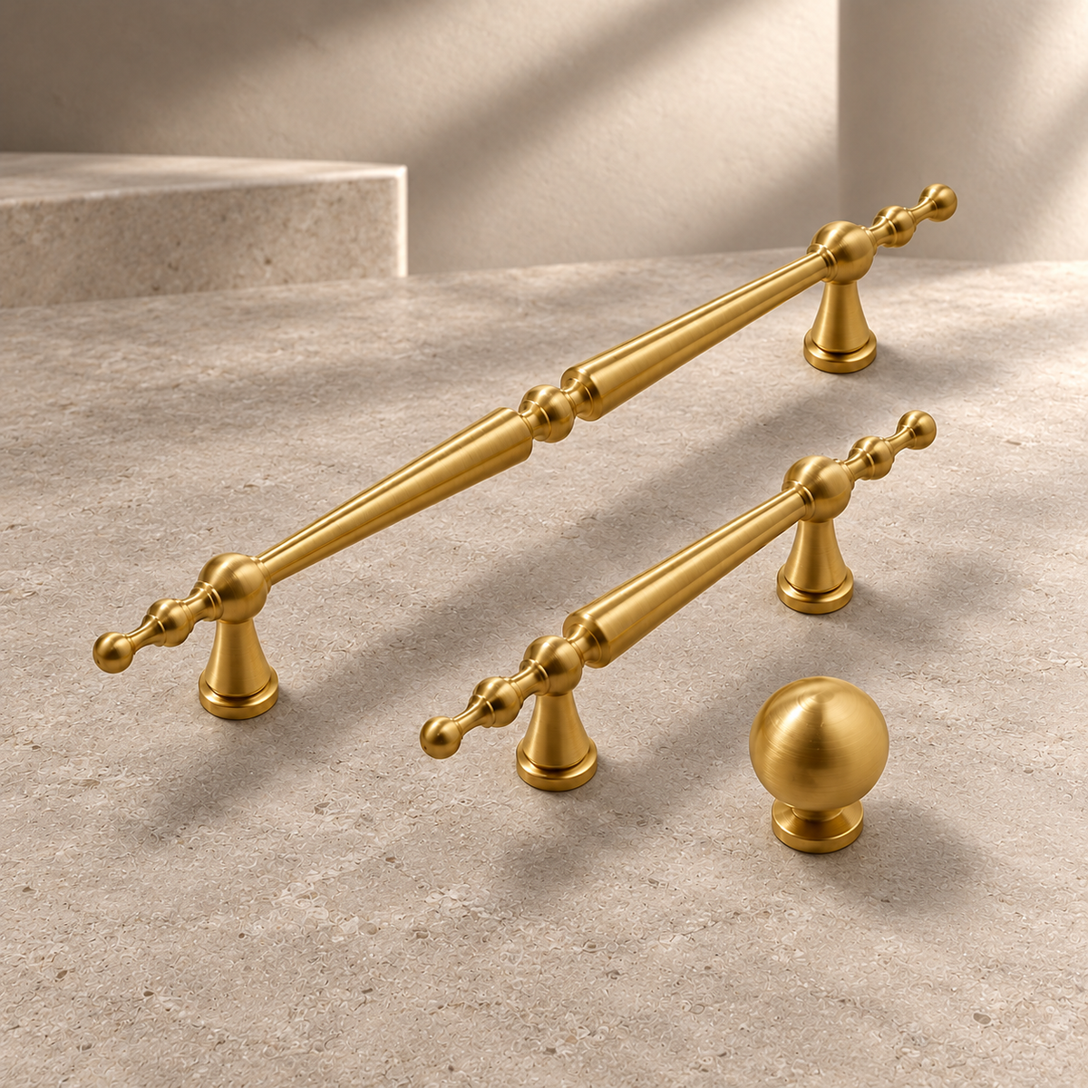 Solid Antique Brass T Bar & Knob Cabinet Pull — Vintage Design on a neutral stone studio background