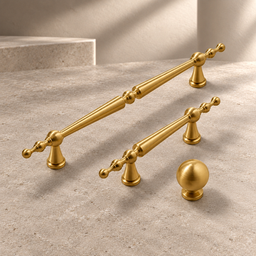 Solid Antique Brass T Bar & Knob Cabinet Pull — Vintage Design on a neutral stone studio background
