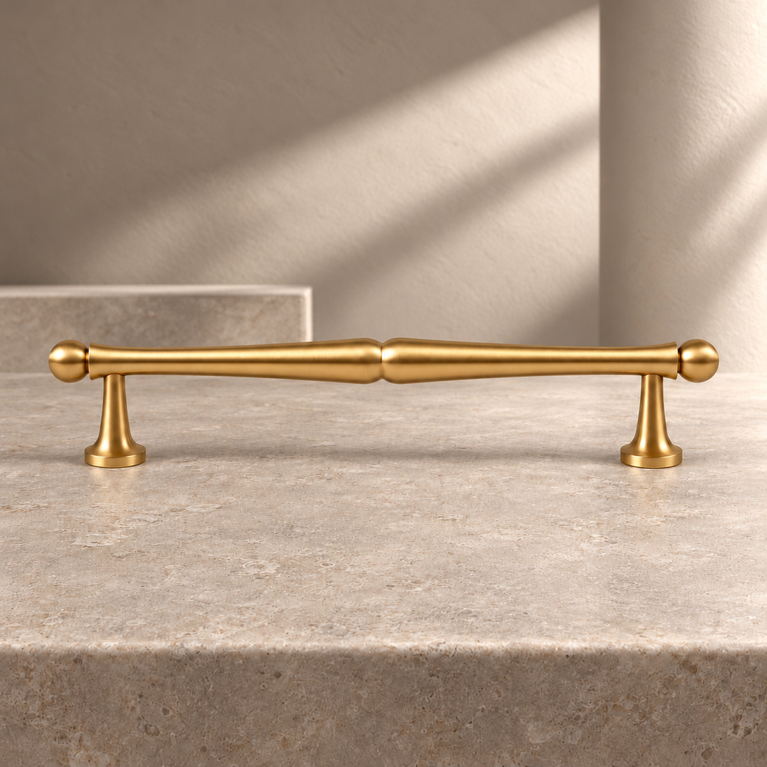Solid Brass Cabinet Bar Pull — Brushed Brass Finish on a neutral stone studio background