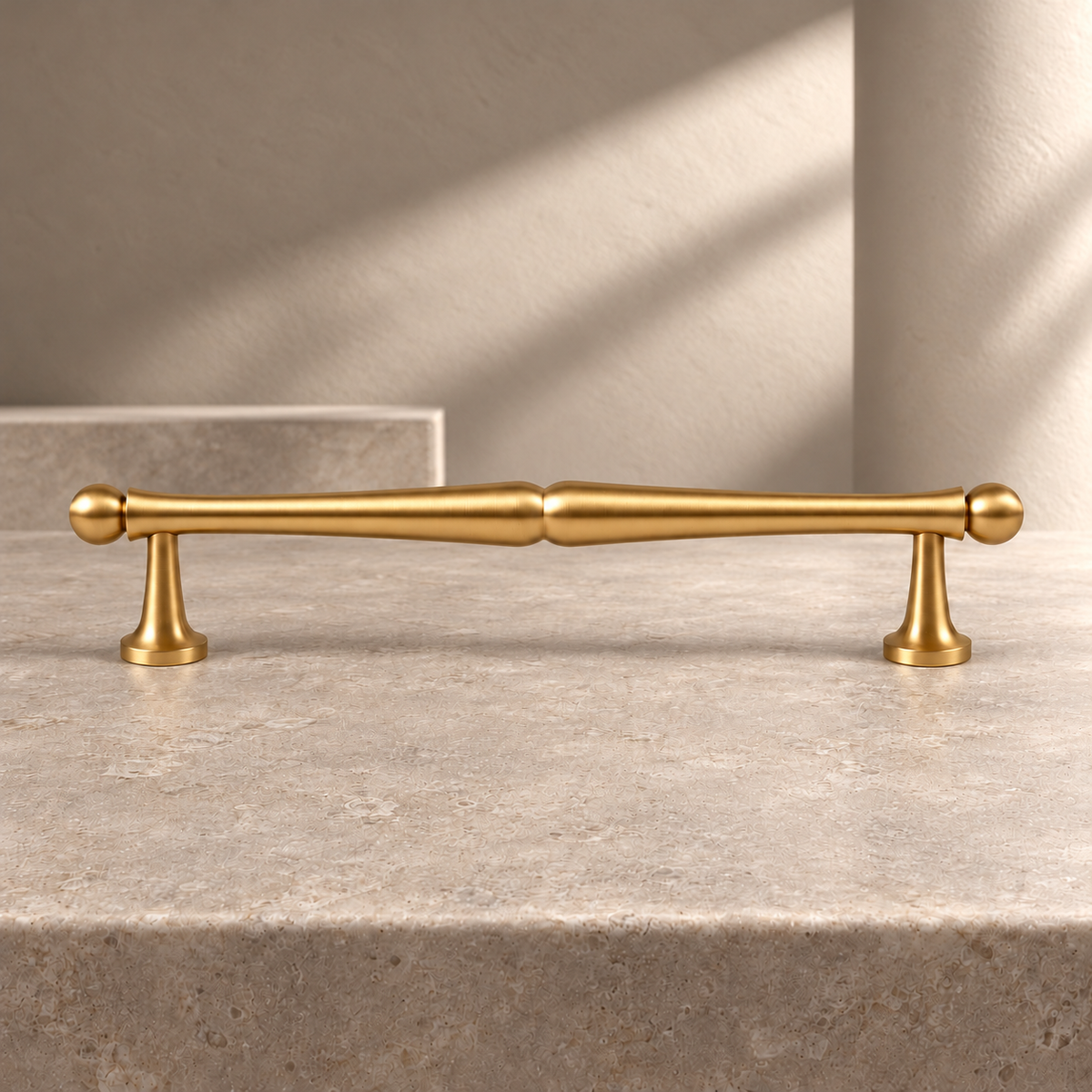 Solid Brass Cabinet Bar Pull — Brushed Brass Finish on a neutral stone studio background