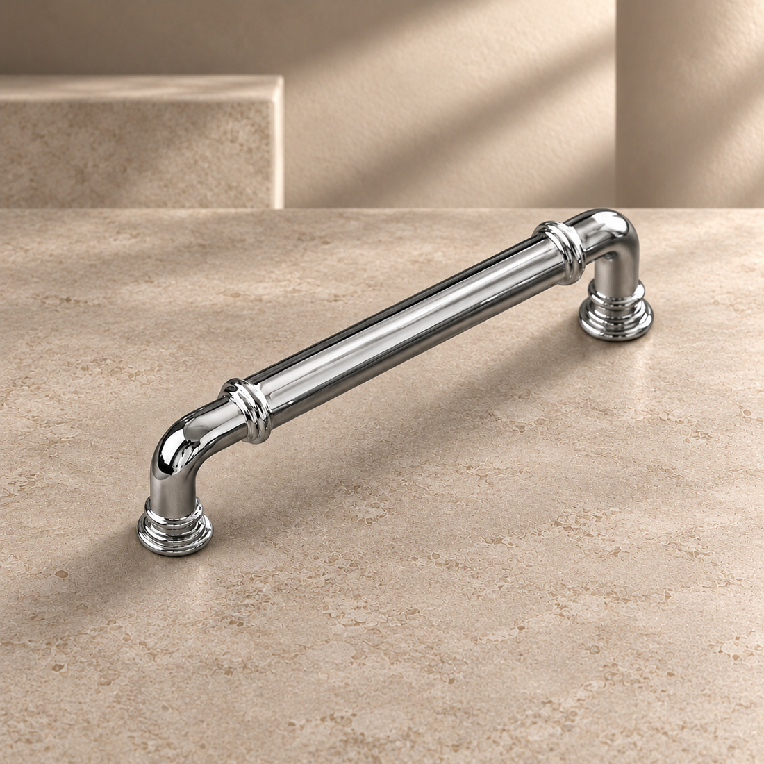 Solid Brass Cabinet Handle & Knob — Chrome Silver Finish on a neutral stone studio background