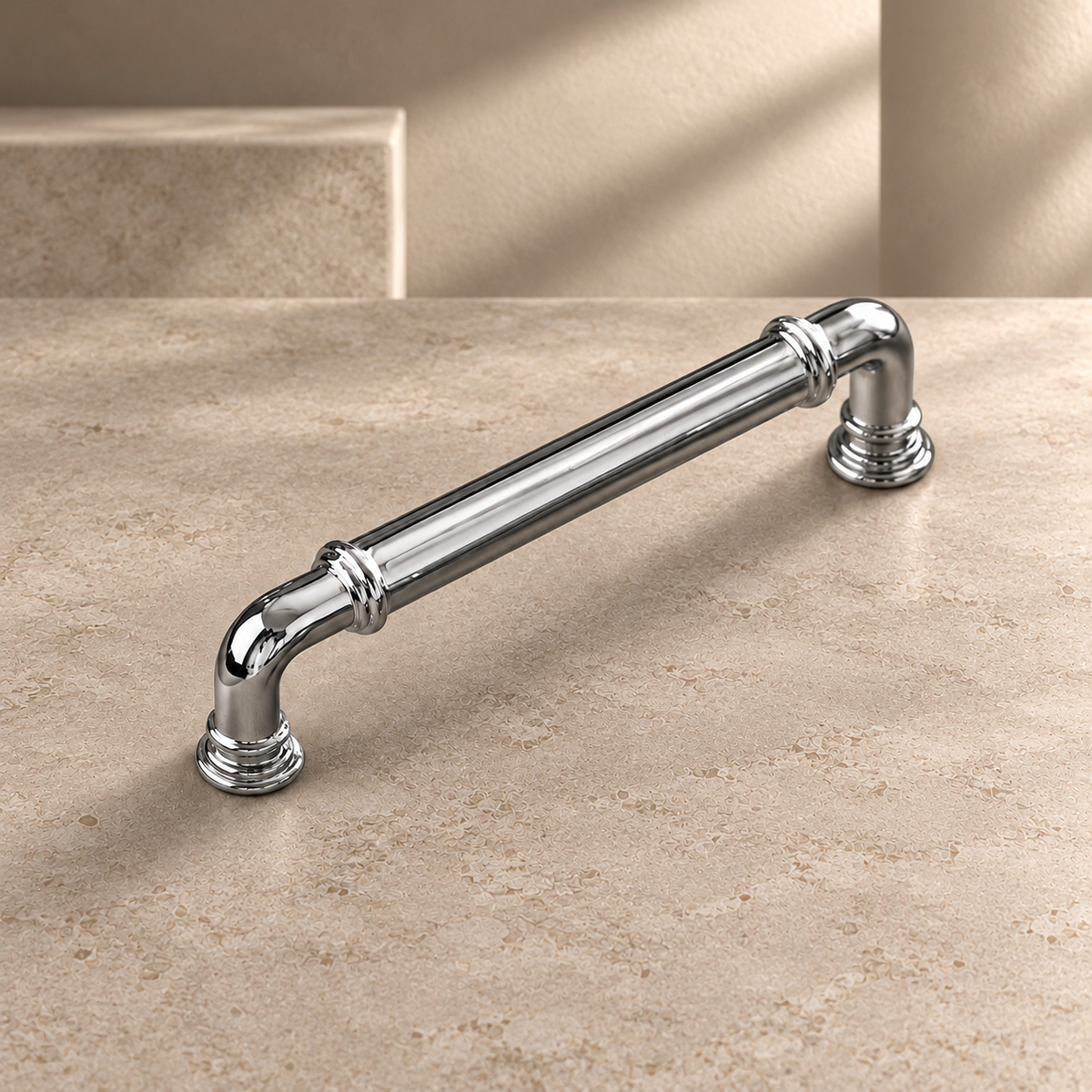 Solid Brass Cabinet Handle & Knob — Chrome Silver Finish on a neutral stone studio background