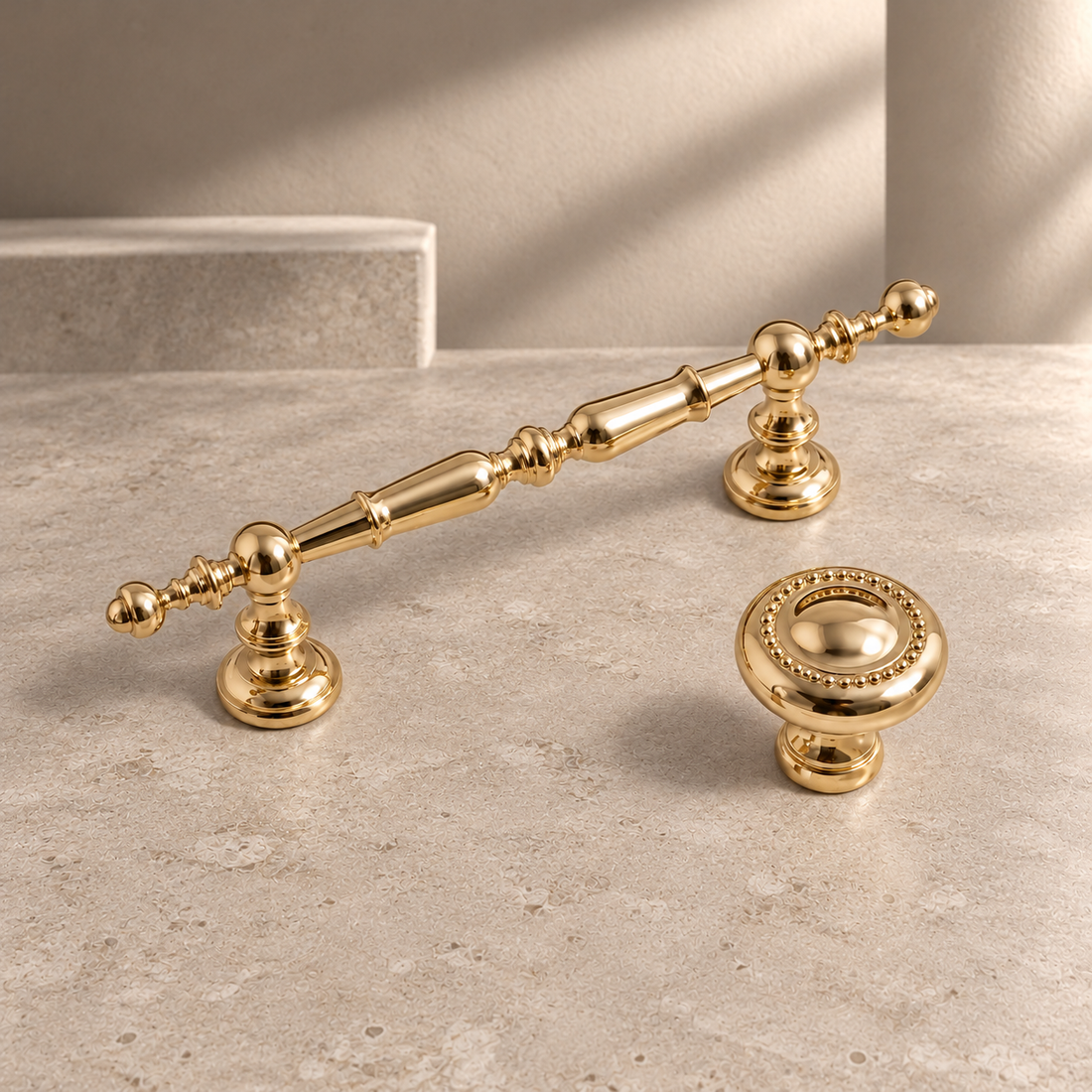 Solid Brass Cabinet Handle & Knob — Polished Brass Finish on a neutral stone studio background