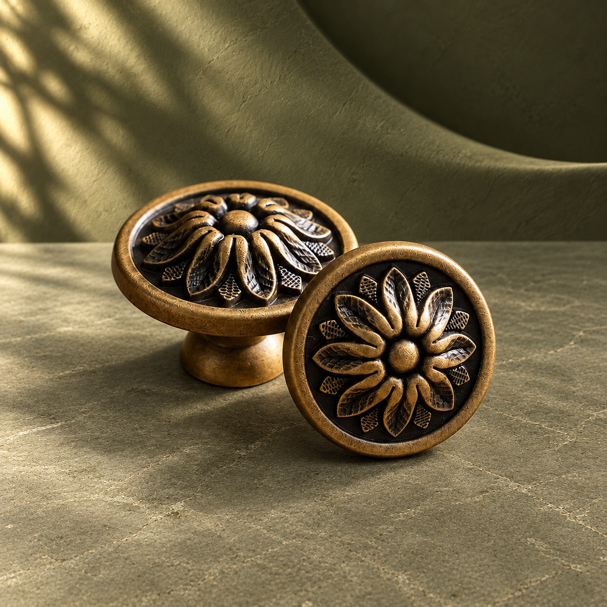 Solid Brass Cabinet Knob — Luxury Finish on a deep olive studio background