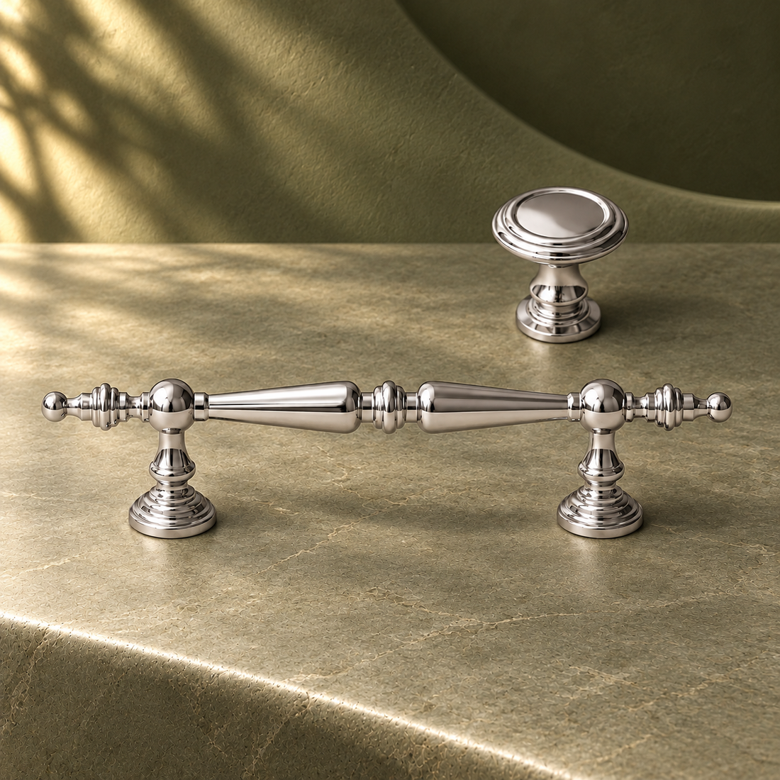 Crystal-End Cabinet Pull & Knob — Bright Chrome on a deep olive studio background