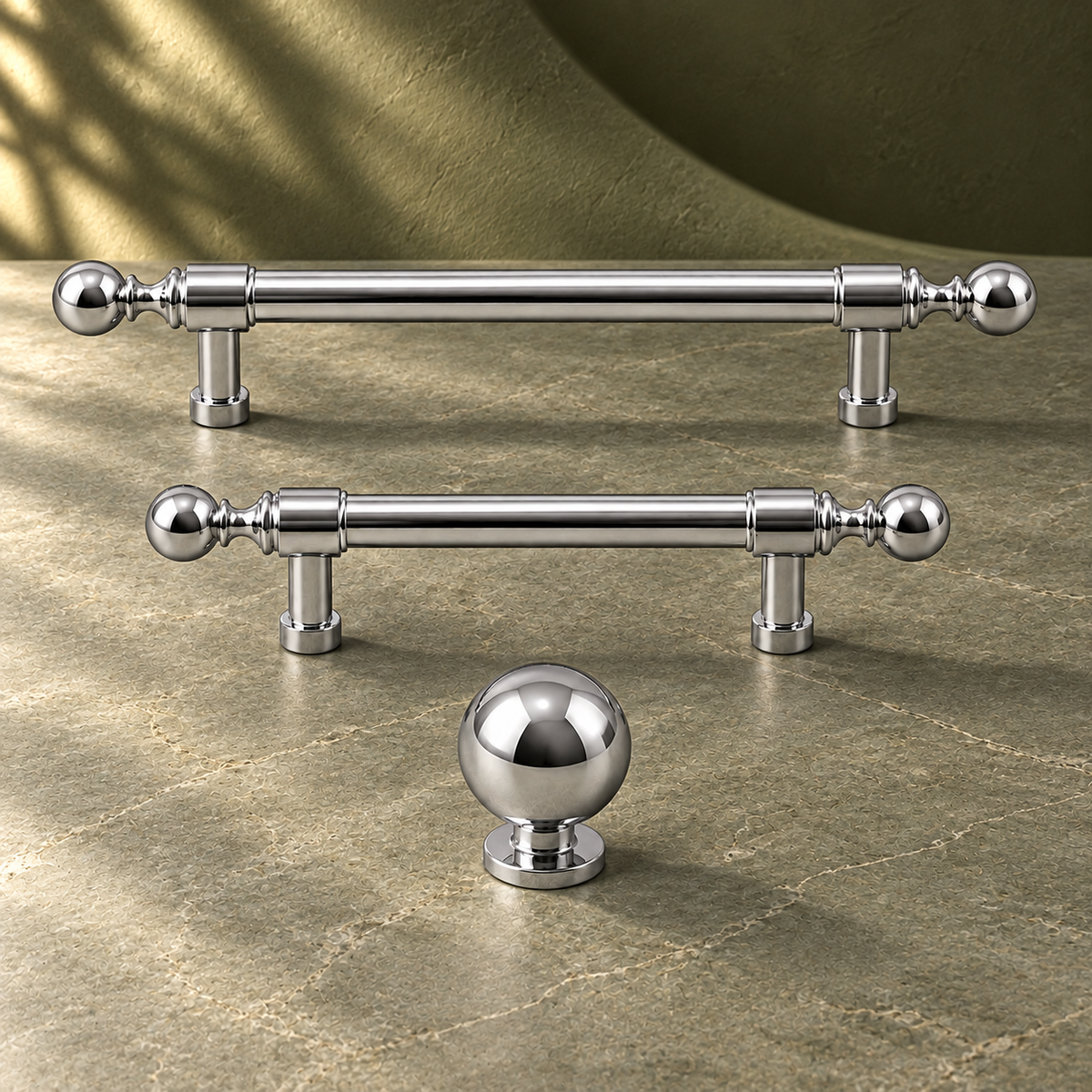 Ball-End Cabinet Pull & Knob — Bright Chrome on a deep olive studio background