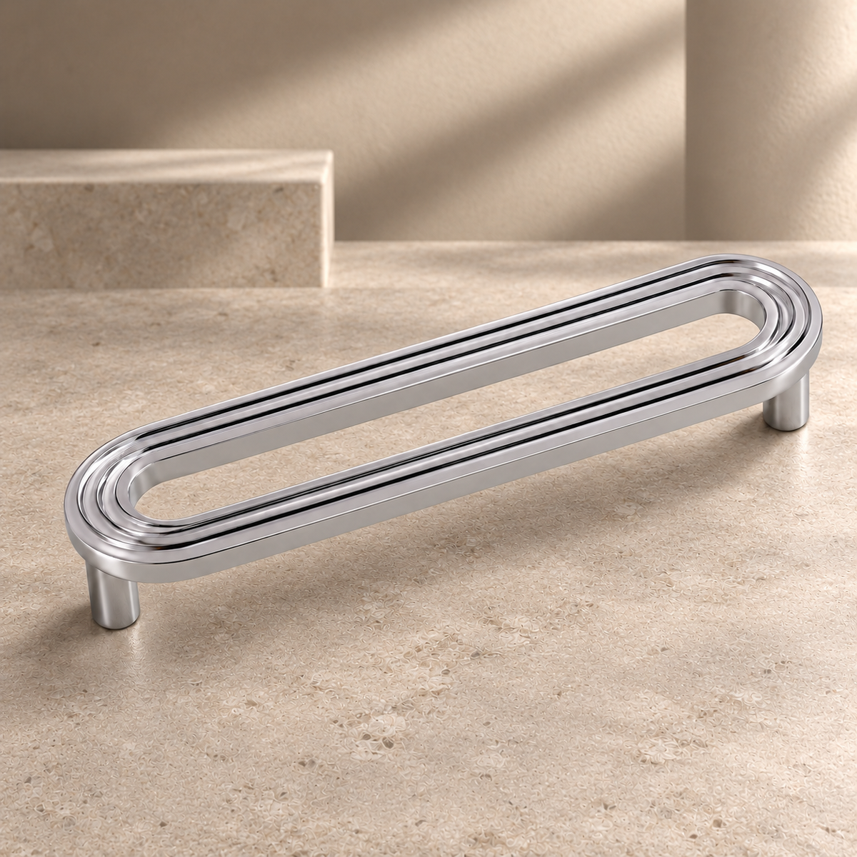 Solid Brass Cabinet Pull & Knob — Chrome Brass Finish on a neutral stone studio background