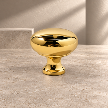 Solid Brass Cabinet Pull & Knob — Chrome & Gold Finish on a neutral stone studio background