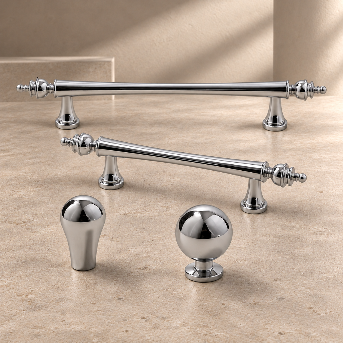 Turned Spindle Cabinet Pull & Knob — Chrome Silver on a neutral stone studio background