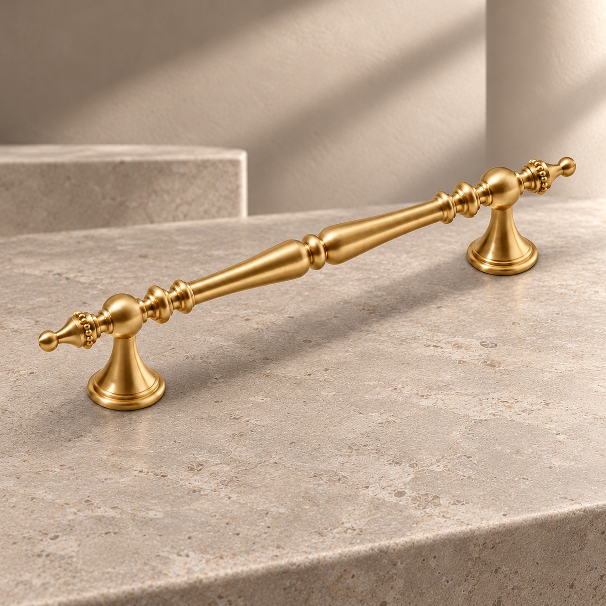 Solid Brass Cabinet Pull & Knob — European Vertical Line Design on a neutral stone studio background