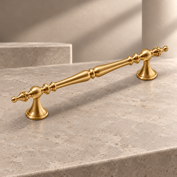 Solid Brass Cabinet Pull & Knob — European Vertical Line Design on a neutral stone studio background