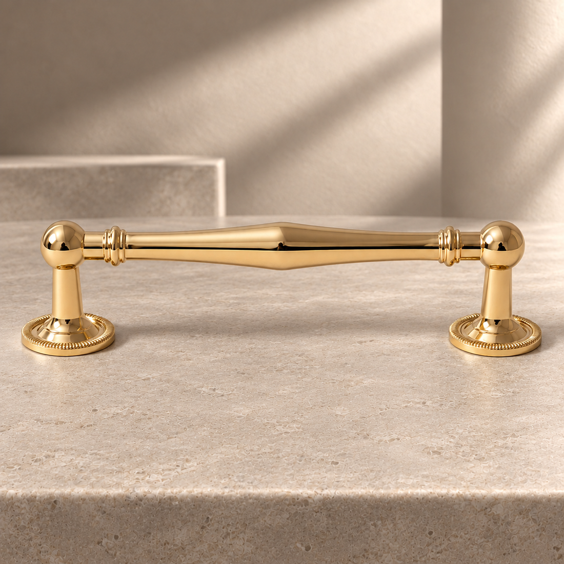 Beaded Spindle Cabinet Pull & Knob — PVD Gold on a neutral stone studio background