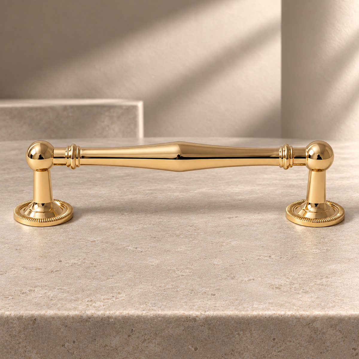 Beaded Spindle Cabinet Pull & Knob — PVD Gold on a neutral stone studio background