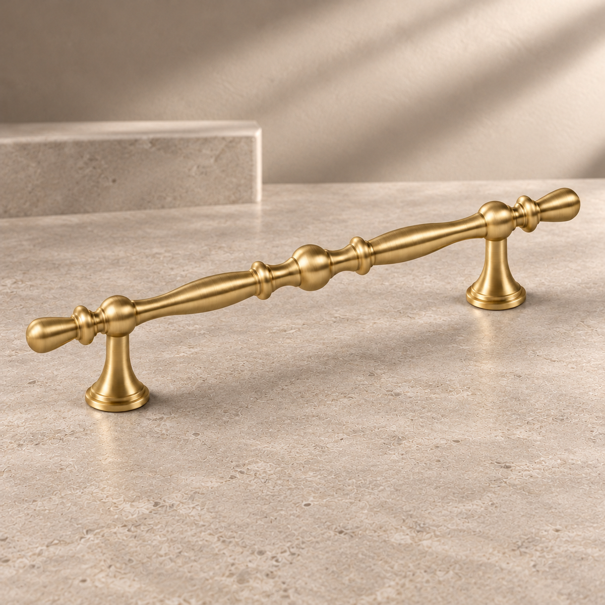 Solid Brass Cabinet Pull & Knob — Teardrop Long Pull Design on a neutral stone studio background