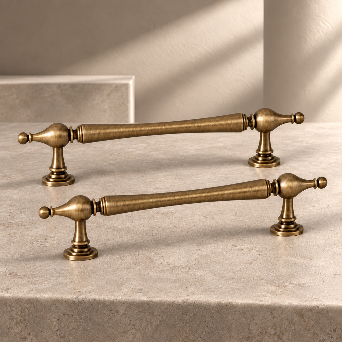 Solid Brass Cabinet Pulls & Knobs — Brushed Brass Finish on a neutral stone studio background